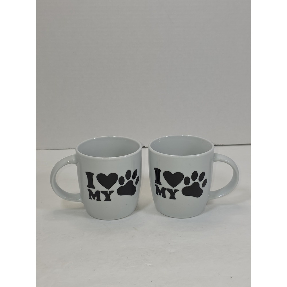 "I LOVE MY DOG" Set Of (2)Ceramic Coffee Mugs Cups Paw Prints